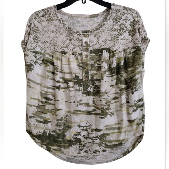 Pilcro Tops - Pilcro Anthropologie Green Cream Ruched Henley Patterned Tshirt Size XXS